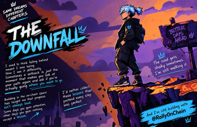 An illustration of a blue-haired character standing on a cliff with the title 'THE DOWNFALL'. The text discusses setbacks, lessons, and building with '@RallyOnChain', alongside a sign reading 'BETTER DAYS AHEAD'.