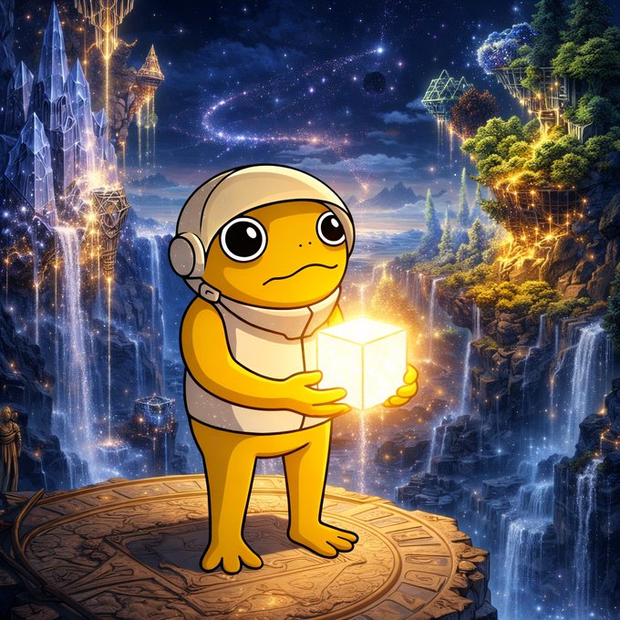The image features an anthropomorphic frog wearing a helmet and holding a cube light up with its left hand while standing on a rock or platform. The background of the image depicts a waterfall, which adds to the overall theme of imagination and transformation. The caption "Every journey begins with a spark of imagination. Hold onto that vision, nurture it, and watch as it transforms the world around you." seems to be related to the frog's actions in the image, emphasizing the importance of imagination and creativity in our lives.