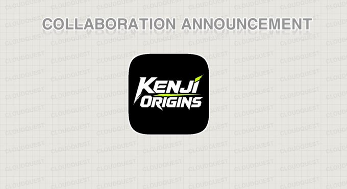 A "Collaboration Announcement" graphic features the Kenji Origins logo displayed prominently in the center, set against a light grid-patterned background watermarked with "CloudQuest." The image visually represents CloudQuest's new partnership with the 3,333-hero anime NFT collection Kenji Origins.
