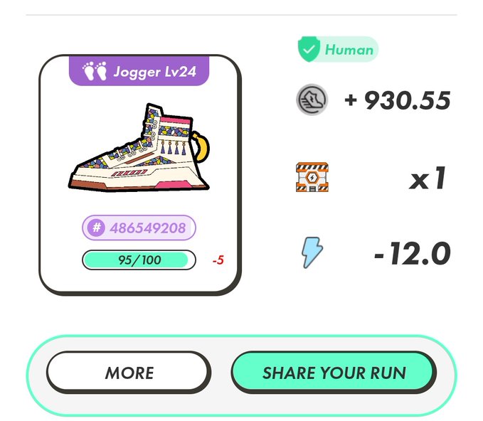 STEPN share screen showing a Jogger Lv24 sneaker NFT earning +930.55 GST, with 95/100 energy, after burning -12.0 energy.
