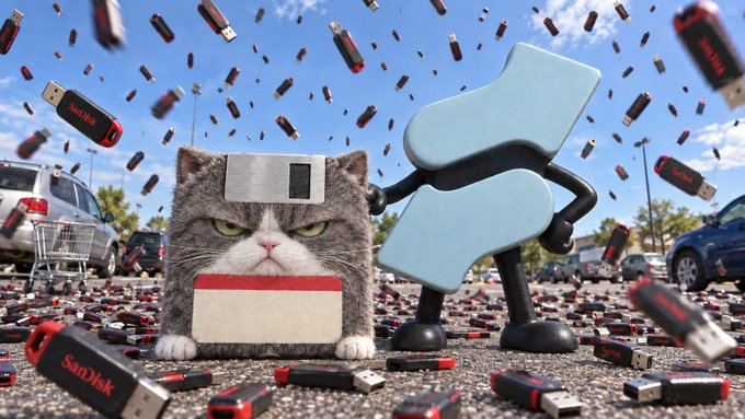 A 3D-style illustration of a grumpy cat with a floppy disk for a head, standing next to a stone figure with an arrow on its head in a parking lot filled with falling and scattered SanDisk USB drives.