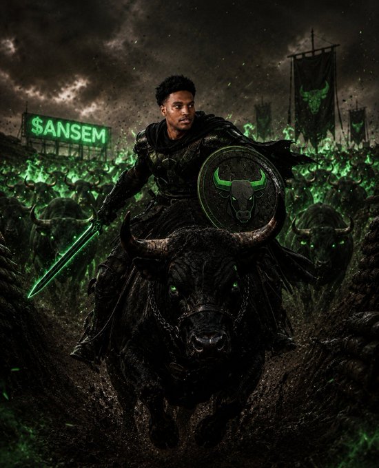 A warrior in dark armor rides a black bull through a battlefield surrounded by a legion of shadowed bulls, with a neon "SANSEM" sign and green bull banners glowing in the background—visually embodying the "Black Bulls $ANSEM" theme of the post.