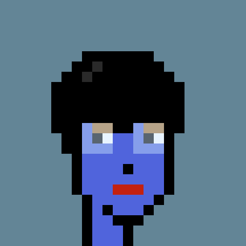 A simple 8-bit pixel art style portrait of a person with black hair and blue skin/tone against a teal background.