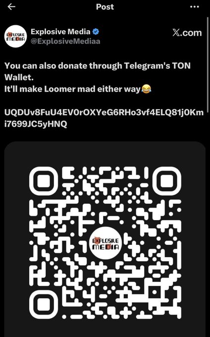 A screenshot of an X (formerly Twitter) post from "Explosive Media" (@ExplosiveMediaa) soliciting cryptocurrency donations via Telegram's TON Wallet, including the wallet address "UQDUV8FuU4EV0rOXYeG6RHo3vf4ELQ81jOKmi7699JC5yHNQ" and a QR code for donations. The post references making "Loomer mad either way," aligning with reports that this account is linked to Iranian IRGC propaganda operations aggressively soliciting crypto donations from global supporters.