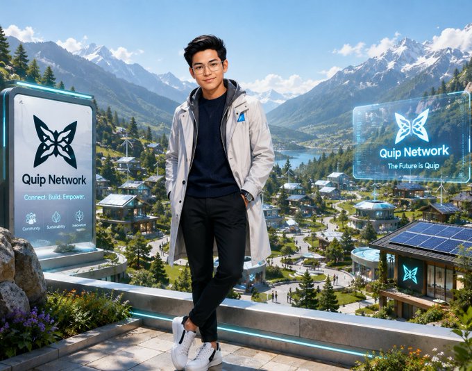 A man stands on a mountain-lake terrace beside signs reading “Quip Network” and “The Future Is Quip.”