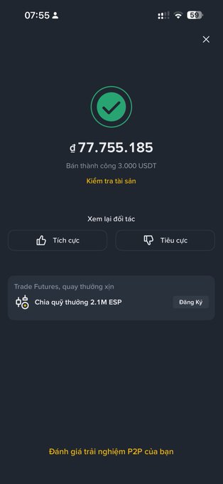 A Binance app screenshot showing a successful 3,000 USDT transaction with the Binance Alpha section prompting users to share a 2.1M ESP futures trading quota.