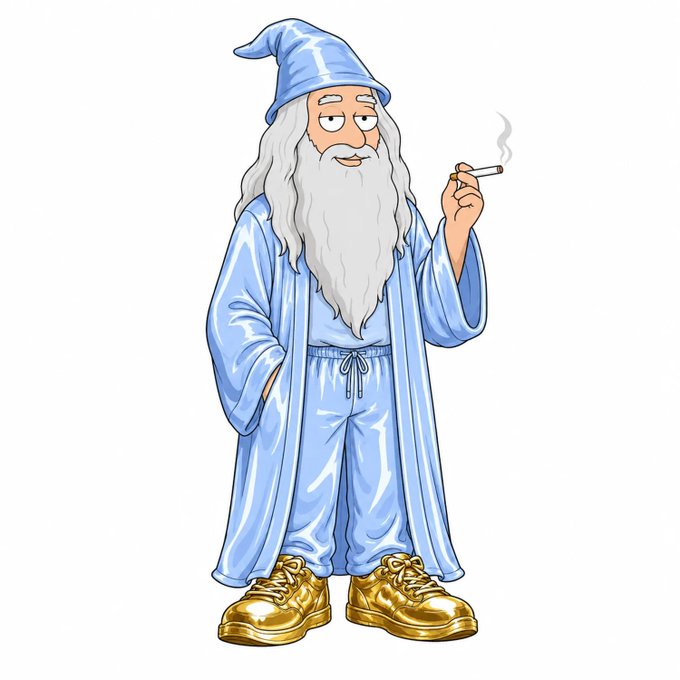 A cartoon illustration of an elderly wizard with a long white beard, wearing blue robes and a pointed hat, smoking a cigarette while wearing shiny golden sneakers.