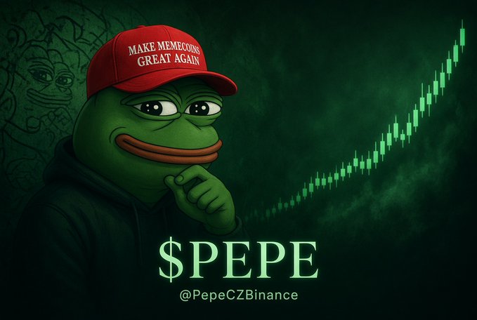 A Pepe the Frog meme wearing a red "MAKE MEMECOINS GREAT AGAIN" hat against a dark green background with a rising chart, labeled "$PEPE @PepeCZBinance".