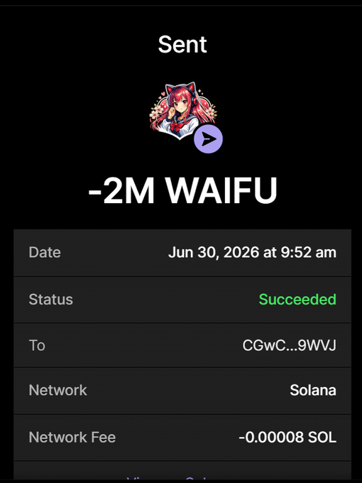 A crypto transaction confirmation showing "-2M WAIFU" successfully sent to address "CGWC...9WVJ" on the Solana network on Jun 30, 2026, with a fee of -0.00008 SOL, serving as proof of a token transfer to support the $WAIFU airdrop promotion.