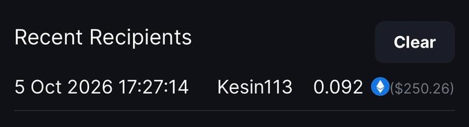 The image shows a "Recent Recipients" list with a single transaction entry dated 5 Oct 2026 at 17:27:14, displaying the recipient "Kesin113" receiving 0.092 ETH (approximately $250.26). This visually confirms the giveaway payout to user @Kesinzuko mentioned in the accompanying post celebrating their $250 MetaWin win.