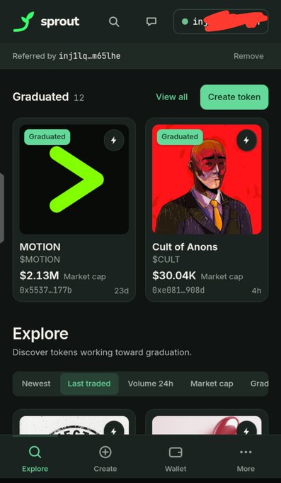 Mobile app screenshot of 'sprout' showing a 'Graduated' section with tokens including MOTION ($2.13M market cap) and Cult of Anons ($30.04K market cap), with tabs for Newest, Last traded, Volume 24h, Market cap, and Grad.