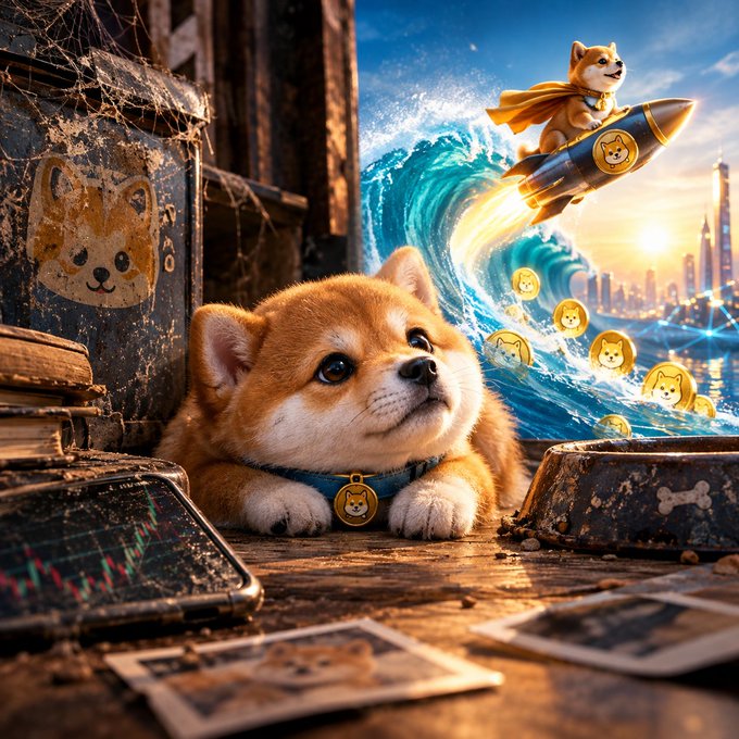 A whimsical AI-generated image of a Shiba Inu puppy wearing a blue collar with a dogecoin tag, with another Shiba Inu riding a rocket through a wave of dogecoin coins against a city skyline.