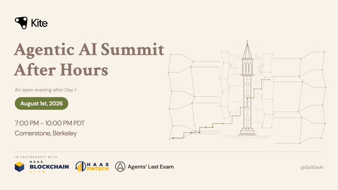A promotional graphic for the "Agentic AI Summit After Hours" event hosted by Kite on August 1st, 2026, from 7:00 PM to 10:00 PM PDT at Cornerstone in Berkeley, featuring an illustration of Berkeley's Campanile tower and partner logos for Haas Blockchain Club, Haas Fintech Club, and Agents' Last Exam.
