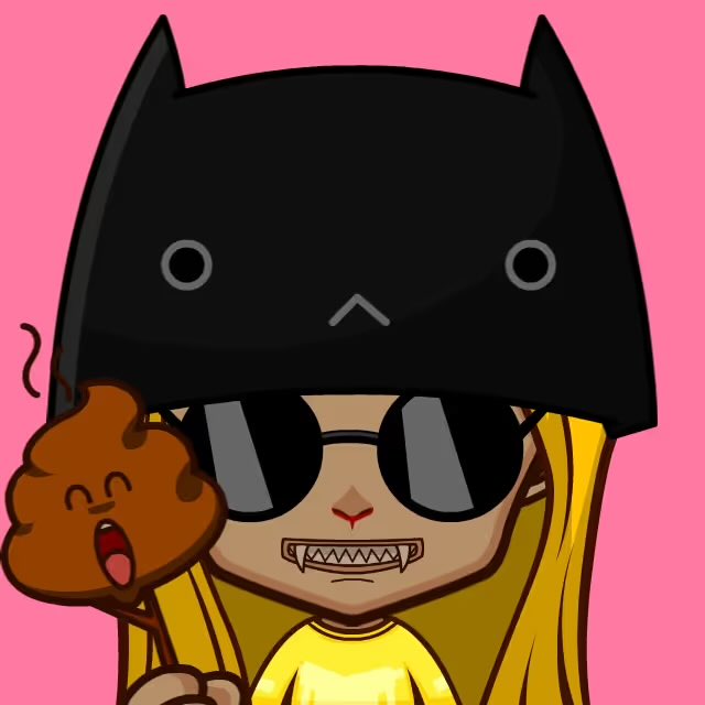 A cartoon illustration of a girl in a yellow shirt wearing a black bat-eared helmet and round sunglasses, holding a small brown creature on a pink background.
