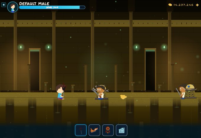A screenshot from a 2D video game showing a character labeled "DEFAULT MALE" with a level of 744, fighting enemies in a sewer-like environment with a score of 14,237,246.