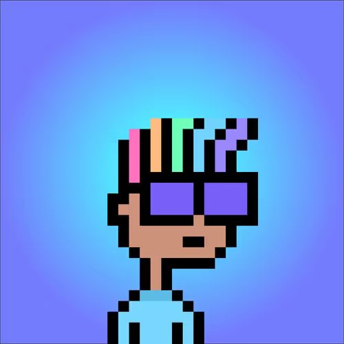 A pixel art illustration of a character with colorful dreadlocks and large purple sunglasses on a blue background, resembling a popular internet meme format.