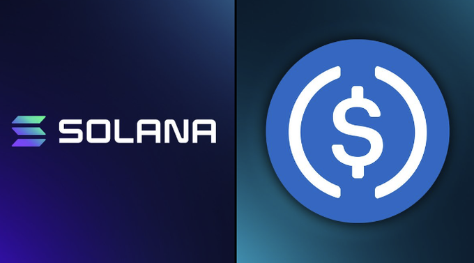 The image shows the Solana logo alongside the USDC cryptocurrency symbol, visually representing the announcement that $2.5 billion worth of USDC was minted on the Solana blockchain in the past week.