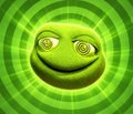 A digital illustration of a grinning frog face set against a swirling green spiral background.