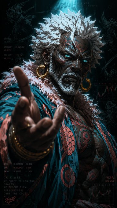 A detailed digital artwork of a fierce warrior character with white hair, glowing blue eyes, and gold hoop earrings, reaching toward the viewer, with text including 'D_E_K_W3B' and 'WE DON'T FOLLOW THE CHARTS. WE DECODE THEM.'