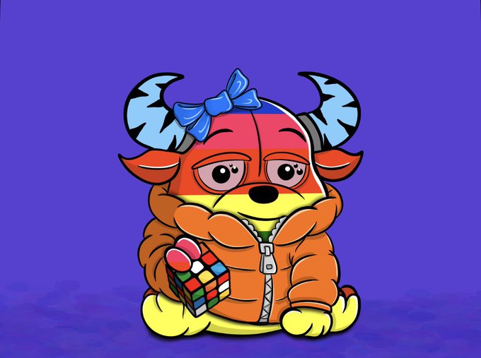 A cartoon mascot character combining features of a deer and a dog wears an orange puffer jacket, has a colorful cap with blue antlers and bow, and holds a Rubik's cube.