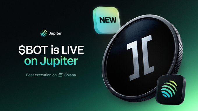 A promotional graphic announcing '$BOT is LIVE on Jupiter' with the Jupiter logo and text 'Best execution on Solana,' featuring a large black coin with the J/L Jupiter symbol.