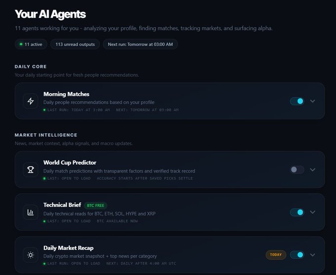 Screenshot of a 'Your AI Agents' dashboard with 11 active agents and 113 unread outputs, featuring sections for Morning Matches, World Cup Predictor, Technical Brief (BTC FREE), and Daily Market Recap.
