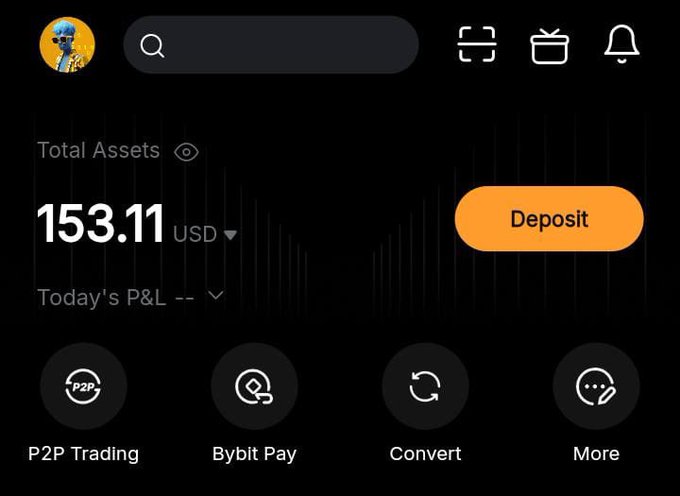 Screenshot of a Bybit cryptocurrency app showing Total Assets of 153.11 USD with options for P2P Trading, Bybit Pay, Convert, and More.