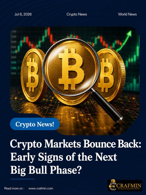 A crypto news graphic dated 'Jul 6, 2026' with headline 'Crypto Markets Bounce Back: Early Signs of the Next Big Bull Phase?' featuring Bitcoin coins under a magnifying glass with green candlestick charts, branded by 'CRAFMIN'.