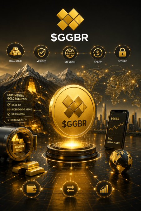 A promotional graphic for '$GGBR' (a gold-backed cryptocurrency) displaying a large gold coin, icons indicating 'REAL GOLD', 'VERIFIED', 'ON-CHAIN', 'LIQUID', and 'SECURE', along with a smartphone showing a chart.