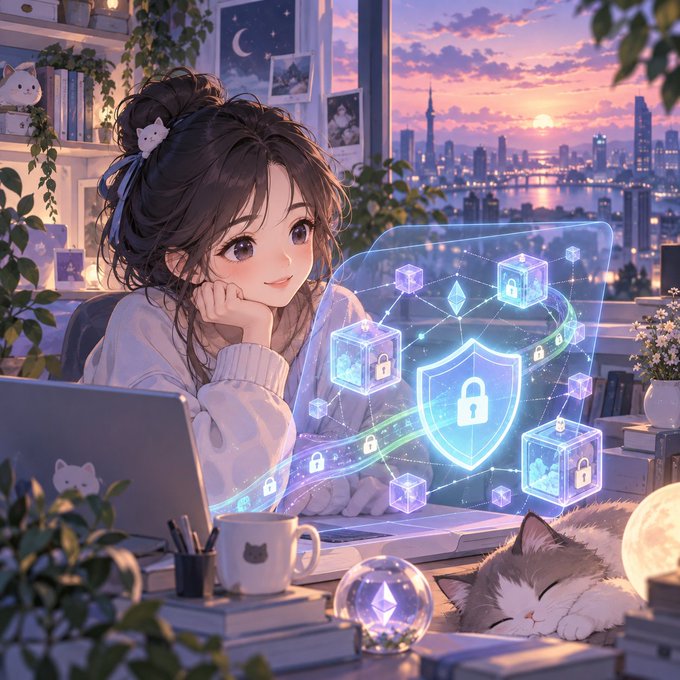 Anime-style illustration of a young woman with brown hair and a cat hair clip working at a laptop in a cozy room, with a holographic display showing cryptocurrency security icons including a shield with a padlock, lock symbols on cubes, and an Ethereum diamond logo.