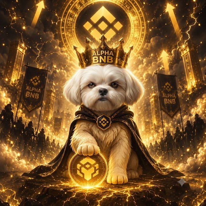A regal Shih Tzu dog wears a golden crown inscribed "ALPHA BNB," draped in a dark cape, sitting before a glowing Binance logo as fiery banners and armored figures rise behind it—embodying the post's claim of the "Alpha of all time" reigning over the #BNB realm.