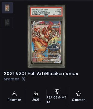 A PSA-graded trading card listing for a '2021 #201 Full Art/Blaziken Vmax' Pokemon card, marked as PSA GEM-MT 10 and Common.