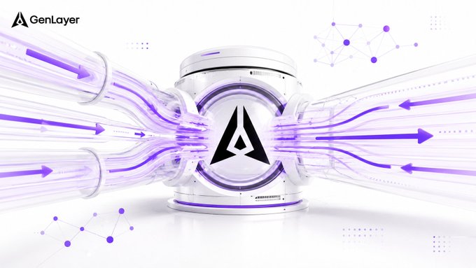 The GenLayer logo is centered within a futuristic chamber, with purple energy streams flowing into and out of it, symbolizing the testing of systems. This visually represents the idea that even robust systems need thorough testing, akin to a wind tunnel, and relates to the post's emphasis on the community path within GenLayer's Portal for rigorous evaluation.
