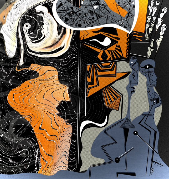 An abstract illustration featuring swirling orange and black patterns alongside stylized blue-gray figures with geometric shapes and tribal-like markings.