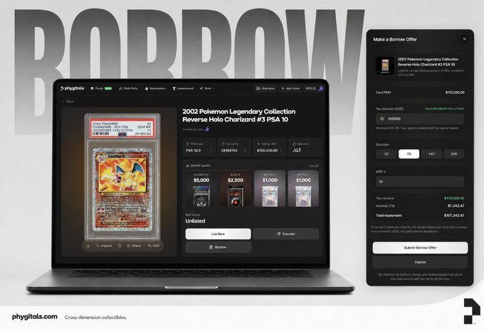 A screenshot of a laptop with a desktop screen displaying a page about Pokémon Legendary Edition Pokemon cards from the cryptocurrency website, Borrow.