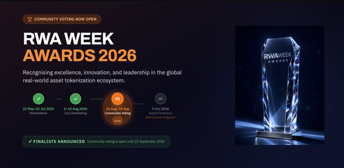 A promotional graphic for 'RWA Week Awards 2026' with the tagline 'Recognising excellence, innovation, and leadership in the global real-world asset tokenization ecosystem,' showing a timeline of events and noting 'Finalists Announced.'