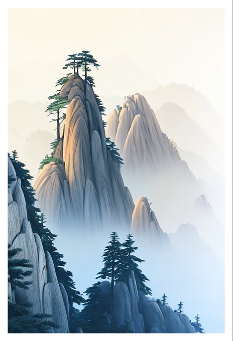 A stylized illustration of misty mountain peaks with pine trees in an East Asian landscape art style.
