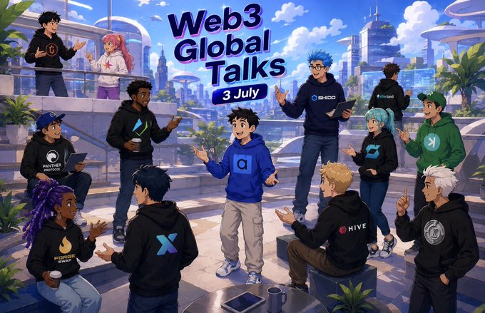 Anime-style promotional illustration for "Web3 Global Talks" on 3 July, featuring diverse characters representing various blockchain projects including Ethereum, XRP, Polkadot, Shido, HIVE, Polygon, and others, gathered in a futuristic cityscape setting. The image visually corresponds to the AMA announcement by depicting the multiple Web3 projects mentioned in the tweet.