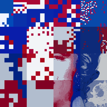 An abstract digital artwork featuring a pixelated red, white, and blue color scheme with a partial face/figure emerging from the blocky pattern.