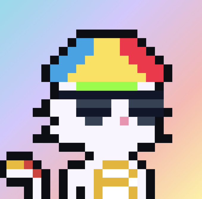 A pixel art character wearing a yellow, blue, and red cap with a green brim, set against a soft gradient background.