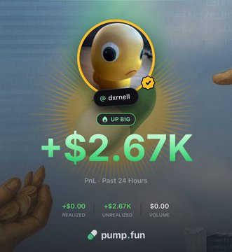 The image shows a Pump.fun profile card for user "@dxnell" featuring a rubber duck avatar, displaying a profit of "+$2.67K" in PNL over the past 24 hours, with $0.00 realized and $0.00 volume. The card serves as a promotional screenshot to back up the post's call for followers to join their Pump.fun page and trade together, highlighting their recent trading gains to attract interest.