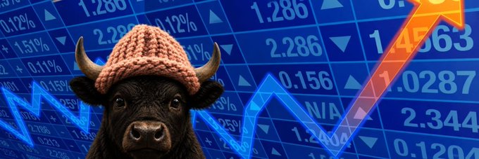 A bull wearing a knit hat stands in front of a blue stock market display showing rising numbers like 1.286, 2.286, 1.0287, and 2.344, with a bold upward arrow symbolizing bullish momentum—fitting imagery for a community banner representing the ticker $BIF on Moby.