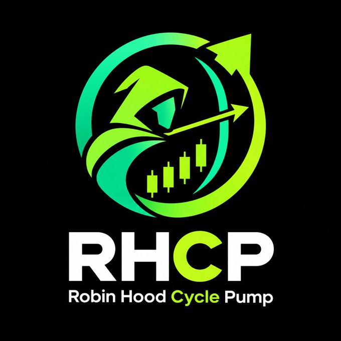 Logo for RHCP (Robin Hood Cycle Pump) featuring a green and yellow design with a hooded figure holding a candlestick chart, on a black background.