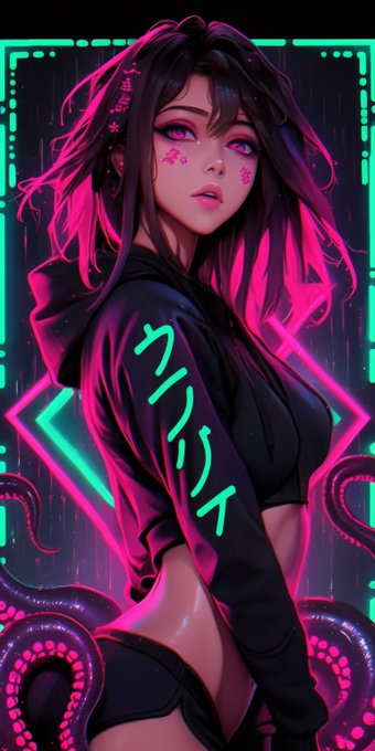 Stylized digital art of a woman with glowing pink and black hair, pink eyes, wearing a cropped hoodie with neon green Japanese-style text.