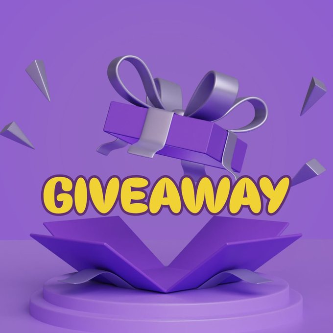A 3D-rendered purple gift box bursts open to reveal a ribbon-adorned present, with the word "GIVEAWAY" displayed in bold yellow letters, visually promoting the $50 USDT giveaway offering. The festive imagery, complete with floating confetti and a vibrant purple color scheme, reinforces the celebratory nature of the contest where 5 friends can win $10 each.