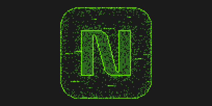 A stylized green 'N' logo appears on a dark background with a digital, pixelated, and glitchy aesthetic.