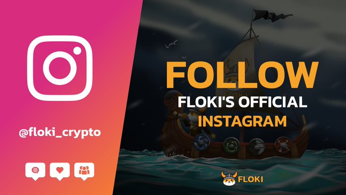 A promotional graphic featuring a dark, pirate-themed illustration of a Viking ship on stormy seas, alongside the Instagram logo and the handle "@floki_crypto," encouraging users to follow FLOKI's official Instagram account for the latest updates and news.
