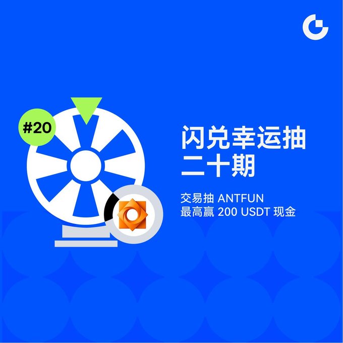 Promotional graphic for "Flash Swap Lucky Draw #20" featuring a white prize wheel and token icon on a blue background, advertising that participants can win up to 200 USDT in cash and ANTFUN tokens through trading-related tasks.