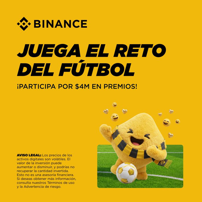 A Binance promotional graphic with a yellow background features the Binance logo, bold text reading "JUEGA EL RETO DEL FÚTBOL" and "¡PARTICIPA POR $4M EN PREMIOS!", alongside the brand's mascot holding a soccer ball on a green field. The image ties to the post by advertising Binance's $4 million prize "El Desafío del Fútbol" (The Football Challenge) promotion, encouraging users to make predictions for a chance to win rewards.