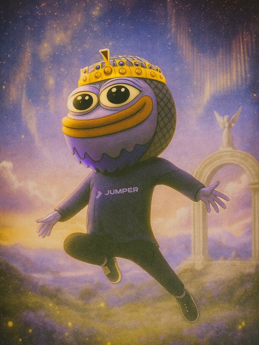 A whimsical digital illustration depicts a purple creature wearing a gold crown and a shirt labeled 'JUMPER', dancing against a starry purple sky.